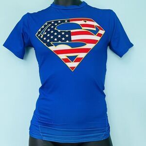 Under Armour Superman SM/P/P Shirt Mens Blue Compression Heatgear Superman 0662